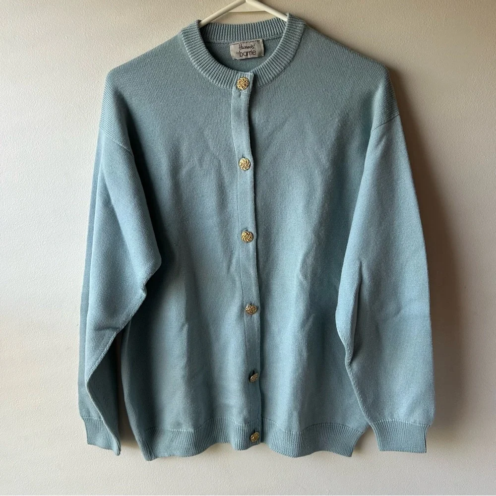 Vintage Harrods By Barrie 100% Merino Wool Made In Scotland Cardigan Egg Blue XL